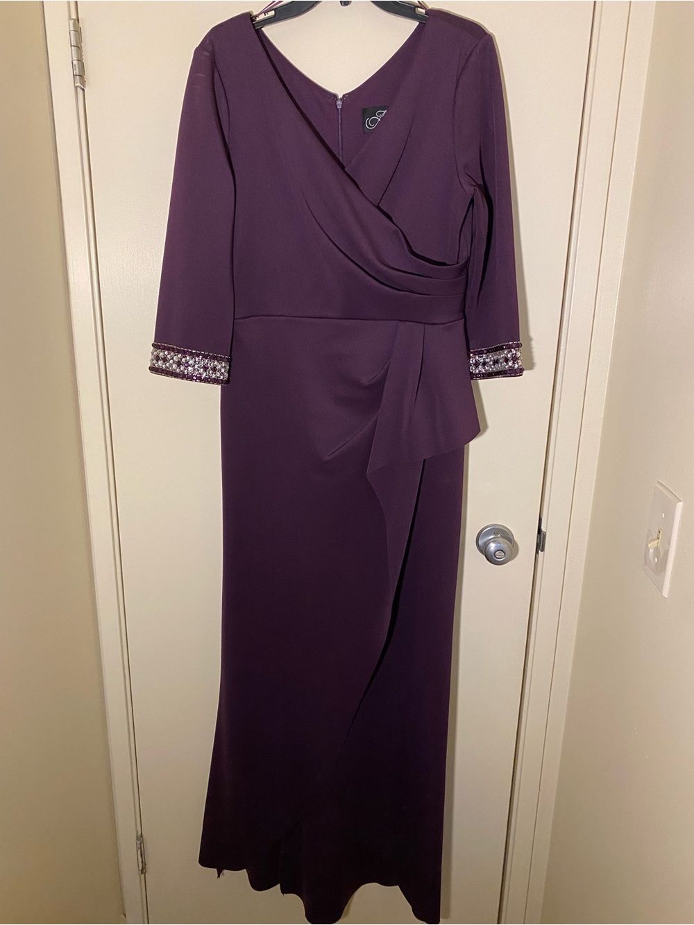 Alex Evenings Plum Long Sleeve Evening Gown with Beaded Cuffs